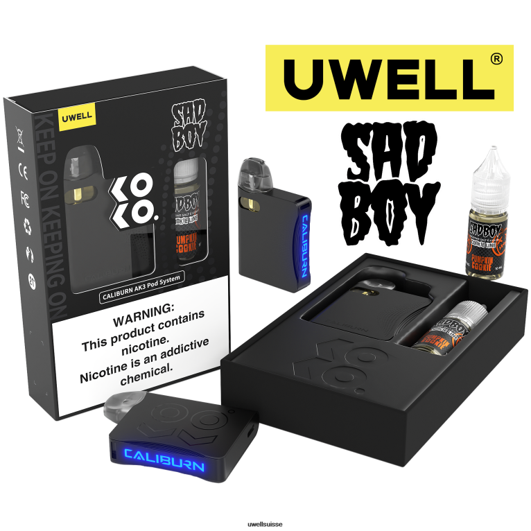 UWELL CALIBURN AK3 kit + pods a3s 0.8ohm (x2) + vapeur de papa 10ml sels 50mg crl : cyan/flv : menthe poivrée 50 mg NLB2N242 - UWELL Jetable