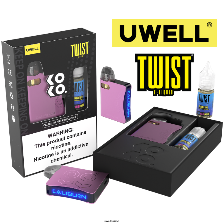 UWELL CALIBURN AK3 kit + pods a3s 0.8ohm (x2) + vapeur de papa 10ml sels 50mg crl : rose/flv : limonade aux baies NLB2N246 - UWELL Vape Flavors