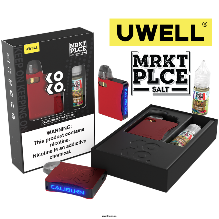 UWELL CALIBURN AK3 kit + pods a3s 0.8ohm (x2) + vapeur de papa 10ml sels 50mg crl : rose/flv : limonade aux baies NLB2N246 - UWELL Vape Flavors