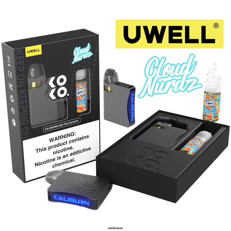 UWELL CALIBURN AK3 kit + pods a3s 0.8ohm (x2) + vapeur de papa 10ml sels 50mg crl : rose/flv : limonade aux baies NLB2N246 - UWELL Vape Flavors