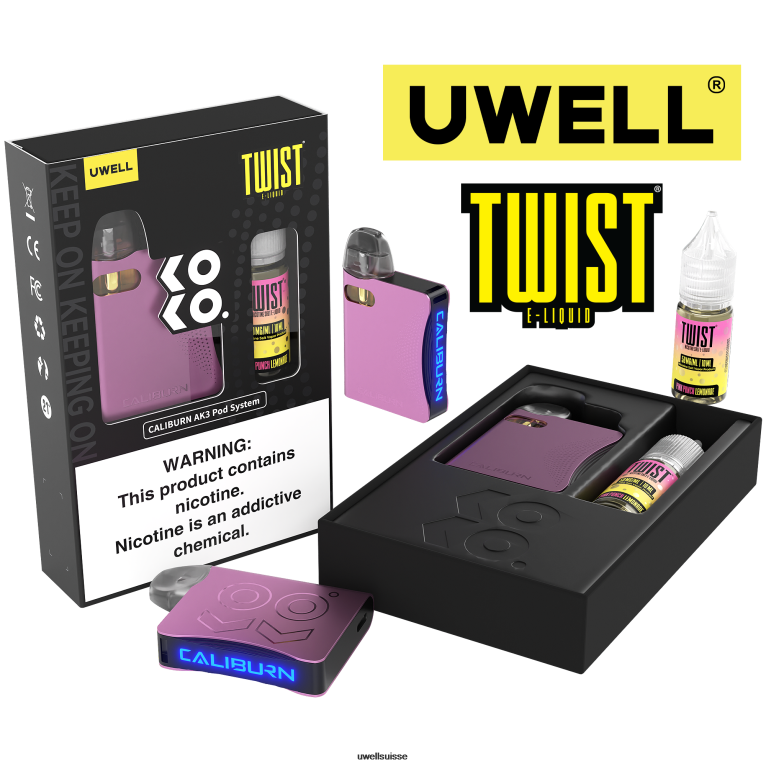 UWELL CALIBURN AK3 kit + pods a3s 0.8ohm (x2) + vapeur de papa 10ml sels 50mg crl : rouge/flv : poire fuji mangue NLB2N245 - UWELL Flavors