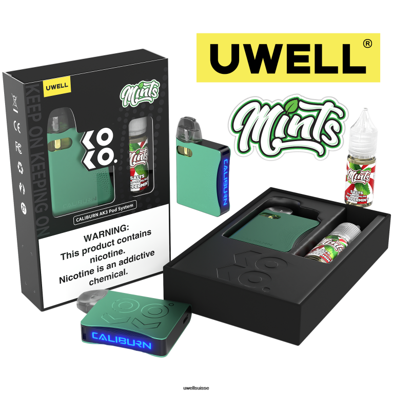 UWELL CALIBURN AK3 kit + pods a3s 0.8ohm (x2) + vapeur de papa 10ml sels 50mg crl : rouge/flv : poire fuji mangue NLB2N245 - UWELL Flavors